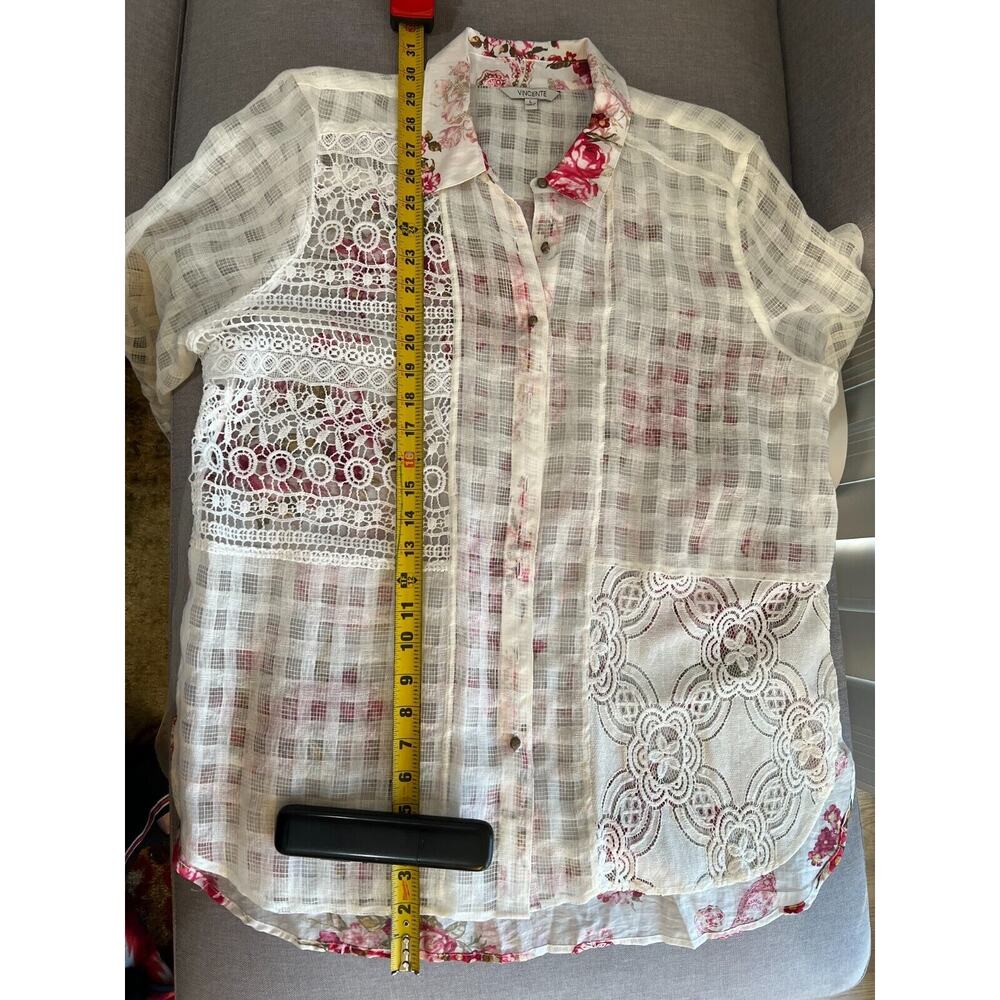 White Sheer Lace Floral Crane embroidery button down shirt Art Boho Romantic L - Picture 12 of 16